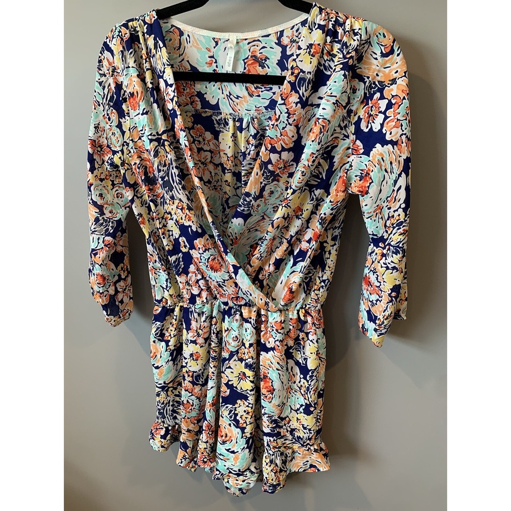 Sage Floral Surplice Wrap Romper‎ Navy Orange Mint 3/4 Sleeve Ruffle Hem Small